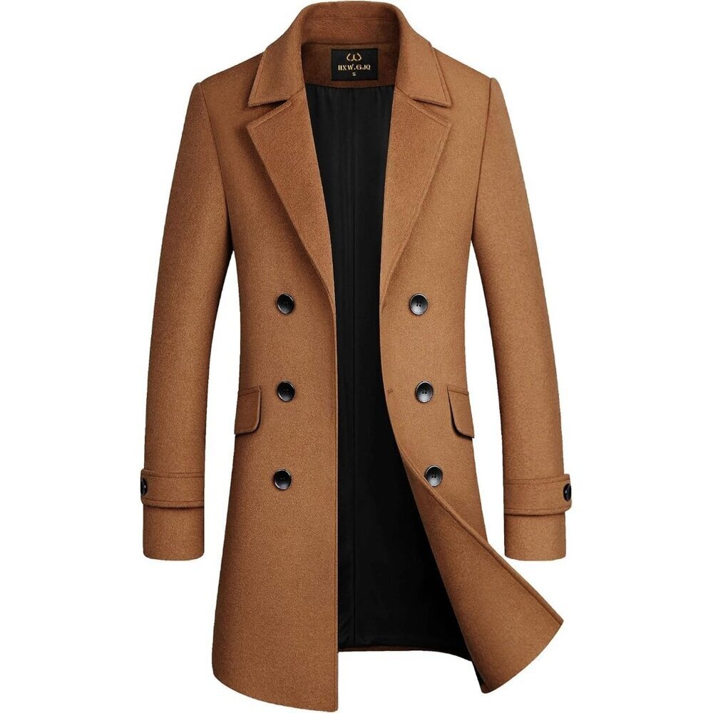 Men's Camel Premium Wool Blend Double Breasted Imported Long Pea Coat